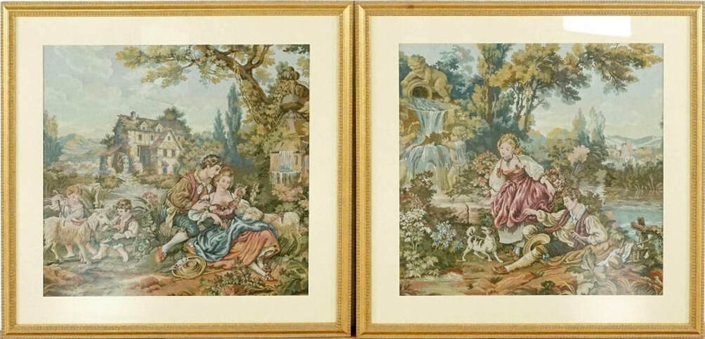 Pair of framed tapestries depicting bucolic French countryside sceneries with romantic couples
