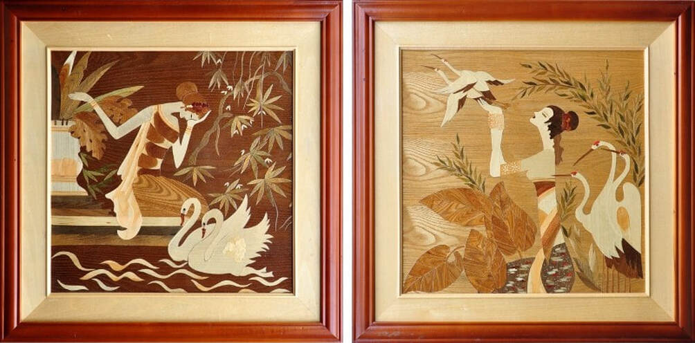 Pair of wood marquetry depicting Yunnan style artwork