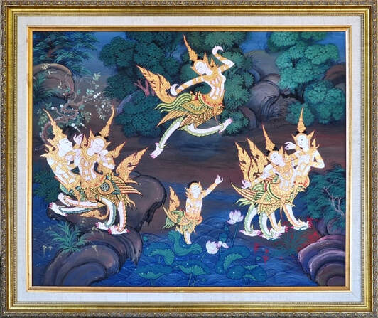 Thai painting on board depicting mythological characters in a forest