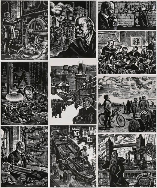 Set of 10 rare reproduction woodcut prints depicting Lenin and events in his life