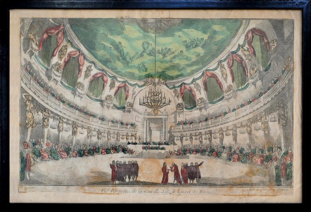 Rare 18th century French engraving titled Vue Perspective De La Nouvelle Salle De Concert De Venise.