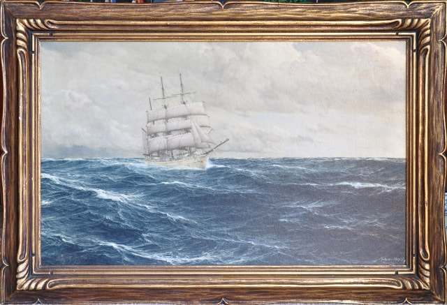 Print depicting a sailing ship after Hugo Schnars-Alquist