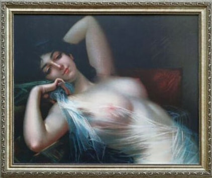 Framed print of a seminude woman in a Victorian bordello