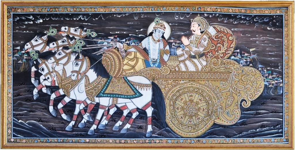 Large framed Indian silk painting of Krishna and Arjun on chariot