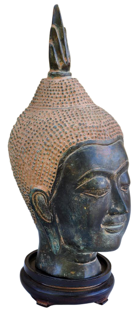 Sukhothai style bronze buddha head sculpture on wooden stand