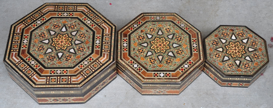Set of 3 Syrian octagonal nesting jewelry boxes with wood and mother of pearl inlay