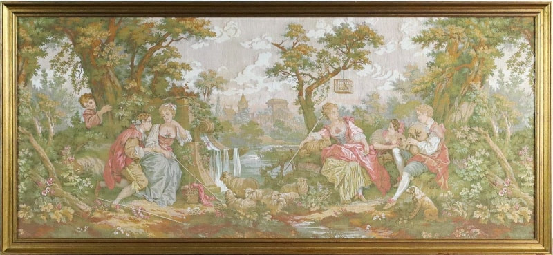 Large framed tapestry depicting a bucolic French countryside scenery with romantic couples