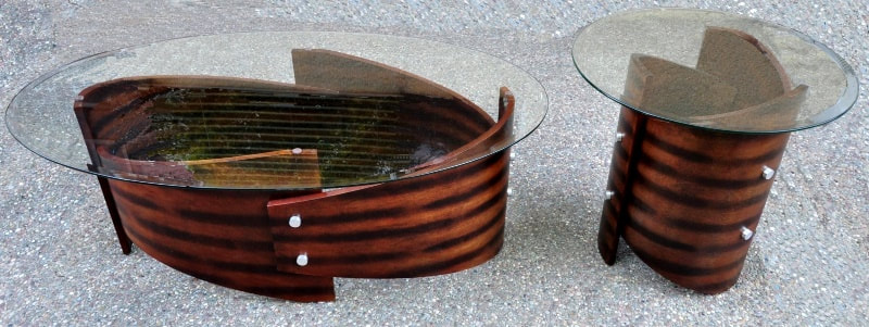 Glass top Art Deco style coffee and end tables with bases made of bent wood sections