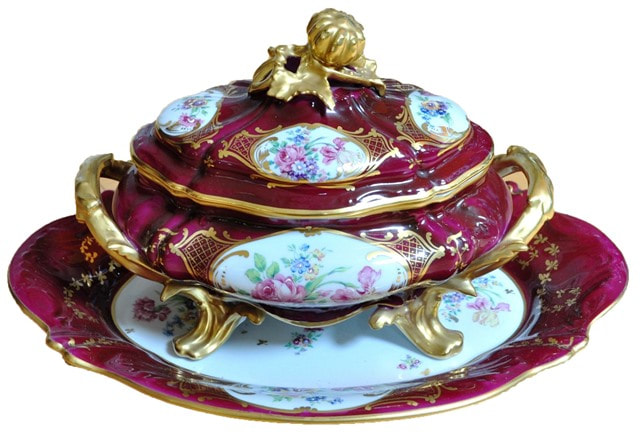 Limoges porcelain covered tureen and serving tray with floral accent