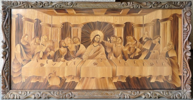 Large wood fiber inlaid artwork depicting The Last Supper