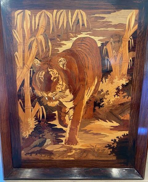 Rosewood inlay art from Mysore depicting a tiger in the forest