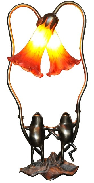 Table lamp with two bronze frogs standing on lily pads and looking up at tulip shades