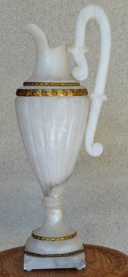 Unusual ewer form white alabaster vase with gilt brass trims