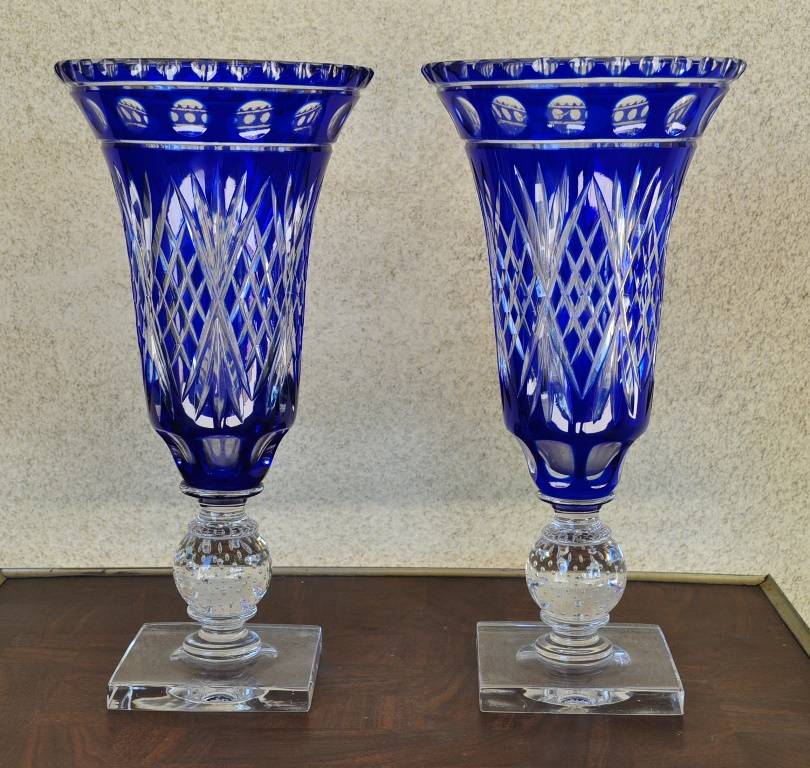 Pair of cobalt blue cut to clear Bohemian glass conical form vases