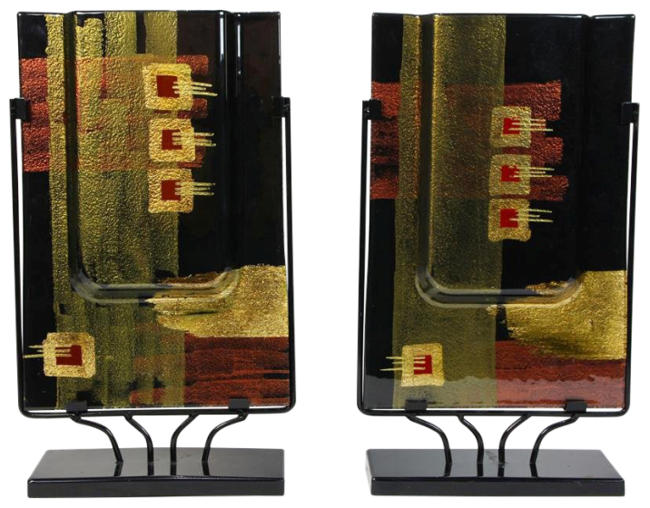Pair of unique iridescent art glass rectangular flat vases with abstract art
