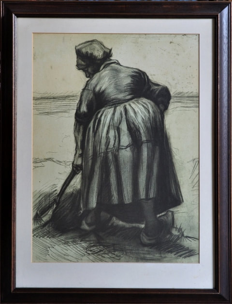 1950's framed print of Vincent Van Gogh's drawing Peasant Woman Digging