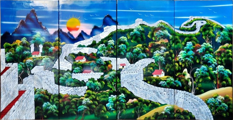 Set of 4 Vietnamese lacquer painting panels depicting the Great Wall of China