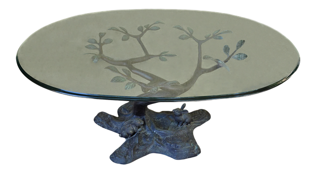 Willy Daro style LaBarge coffee table with bronze base depicting two rabbits under a tree